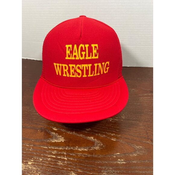 Vintage Nissin Red Mesh Snapback Hat With "Eagle Wrestling" Yellow Print X3 - Picture 1 of 4